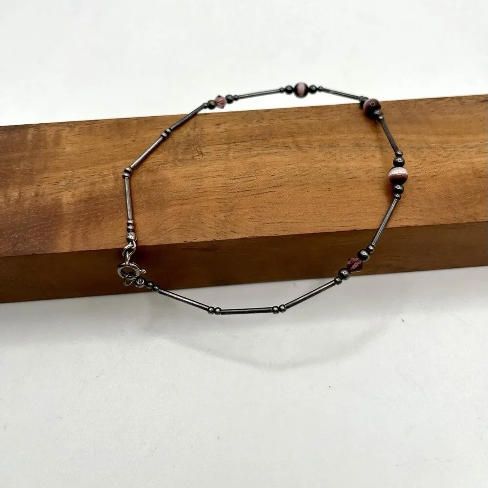 Sterling Silver Bar Link Bracelet Purple Glass Cat Eye Beads Boho Minimalist